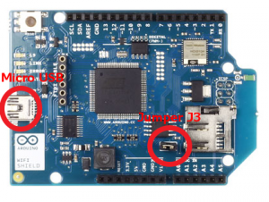 Arduino wifi shield commented with micro USB and jumper J3